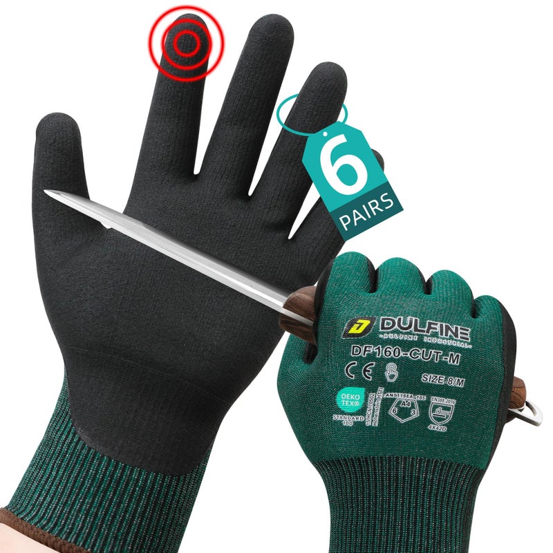 DULFINE ANSI A4 Cut Resistant Work Gloves for Men,6 Pairs Pack.Touchscreen Micro Nitrile Coated,Anti-Slip & Durable for Construction, Wood Cutting,Glass Factory Industrial Use(XX-Large) - Image 1